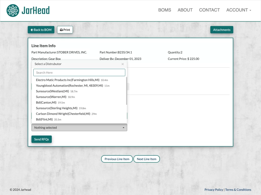 screenshot of JarHead showing Line Item Info and list of Distributors to send quote request to.